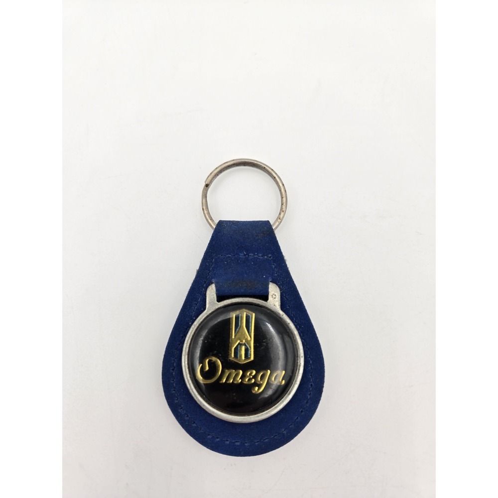 Vintage Oldsmobile Omega Blue Faux Leather Keychain Key Fob Teardrop Suede Badge